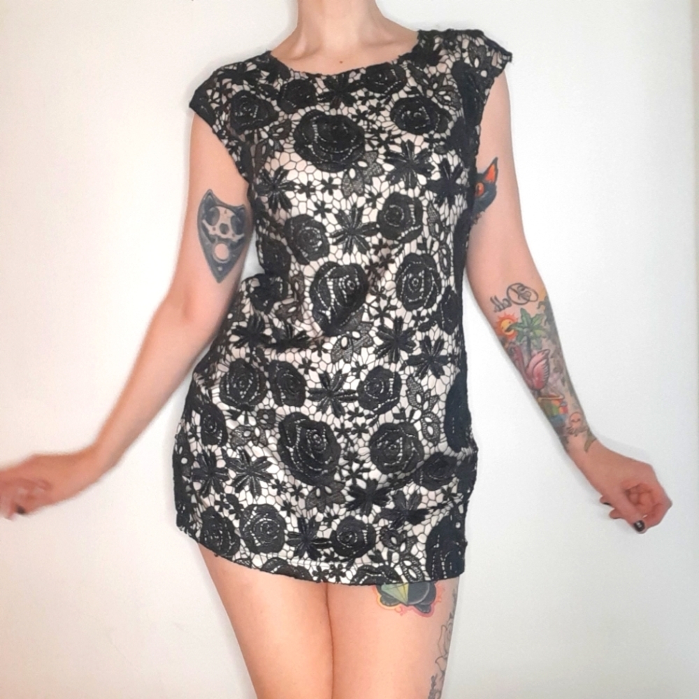 Ness Black Lace with Champagne Satin Mini Dress/Tunic.